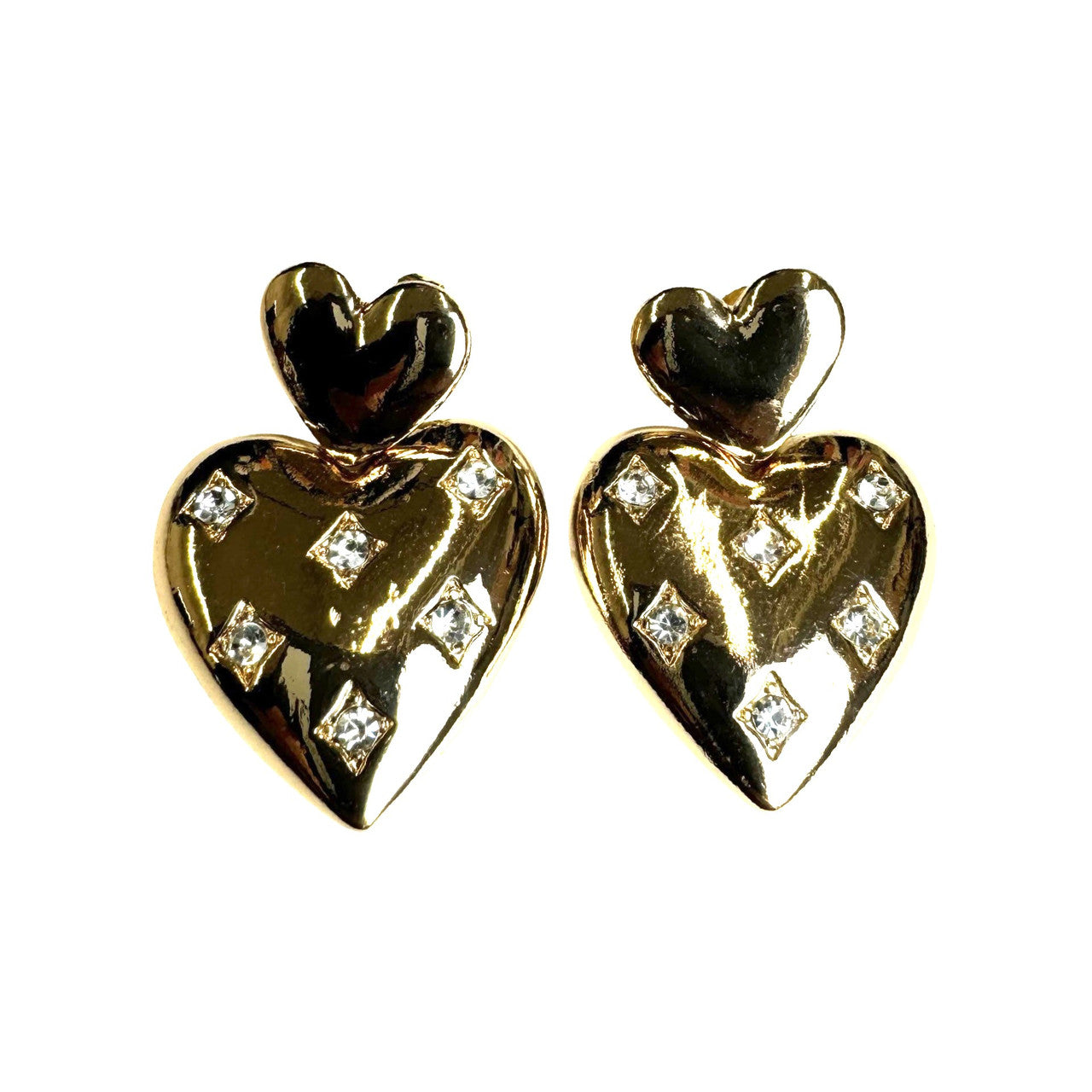 Double Gold Hearts Earrings with Rhinestones-Thumbnail