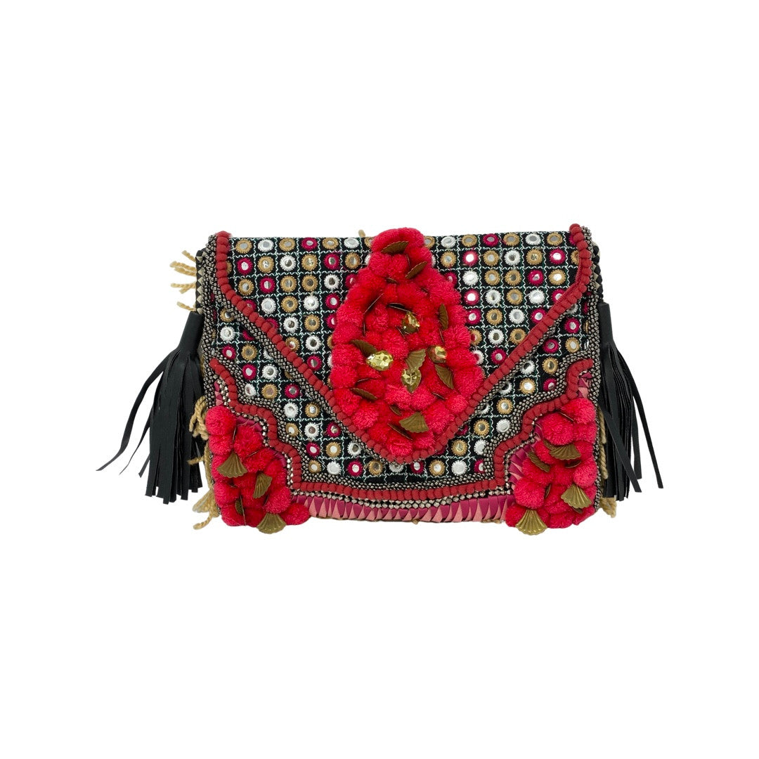 Shashi Pom Pom Embroidered Clutch-Thumbnail