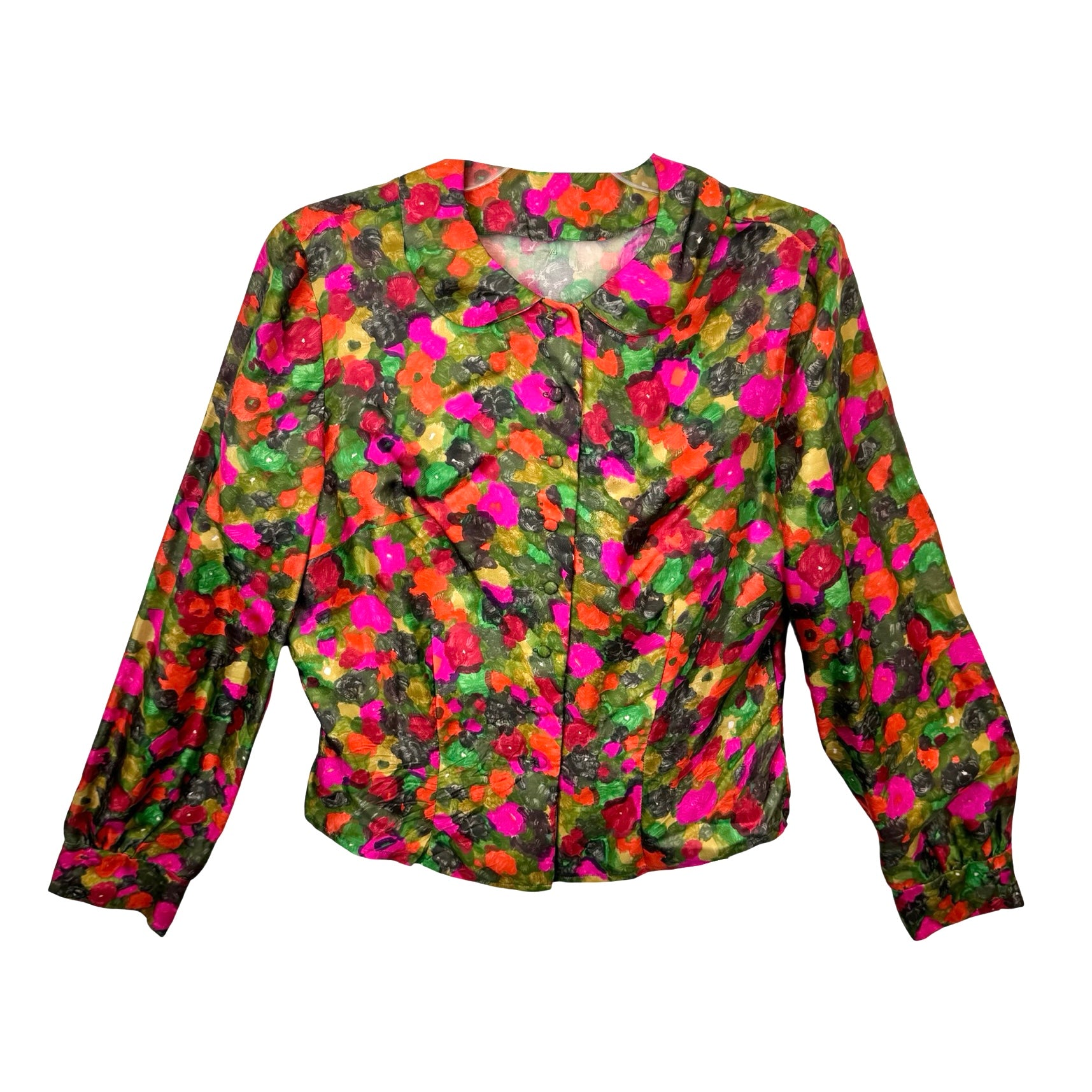 Vintage Silky Floral Print Covered Button Blouse