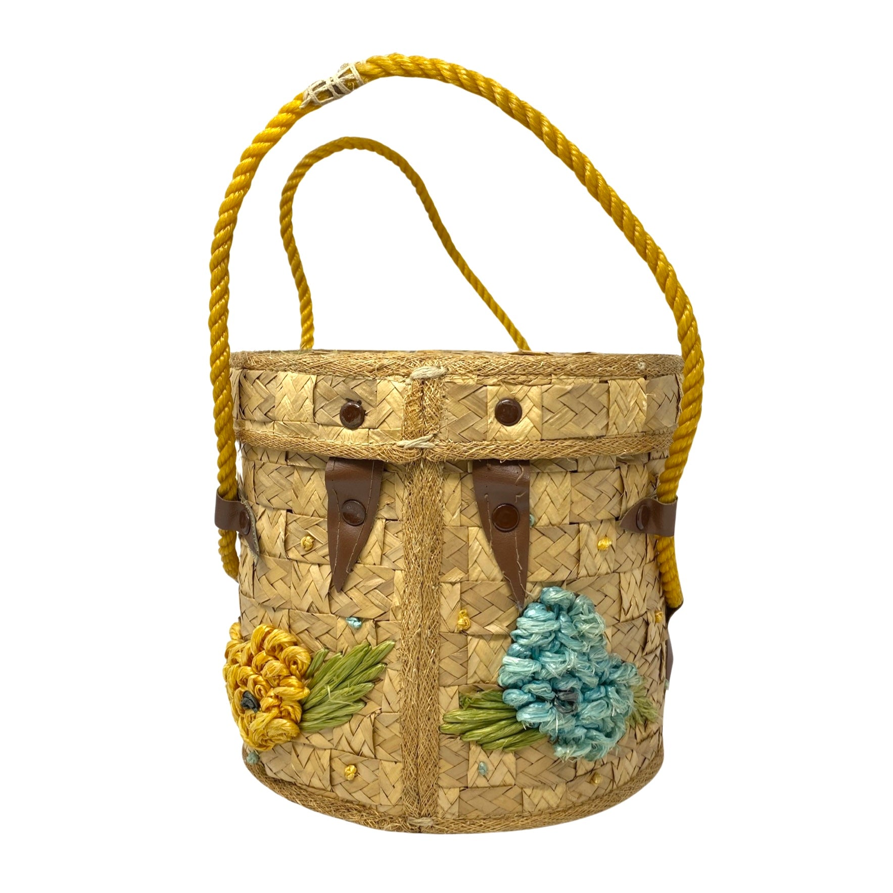 Floral Embellished Straw Basket Bag
