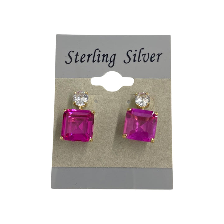 Sterling Silver And Square Pink Rhinestone Earrings