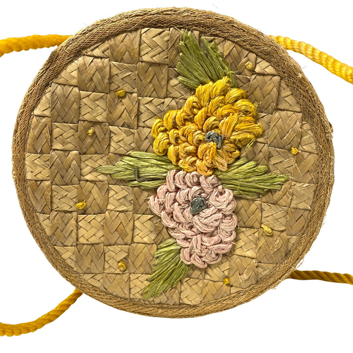 Floral Embellished Straw Basket Bag