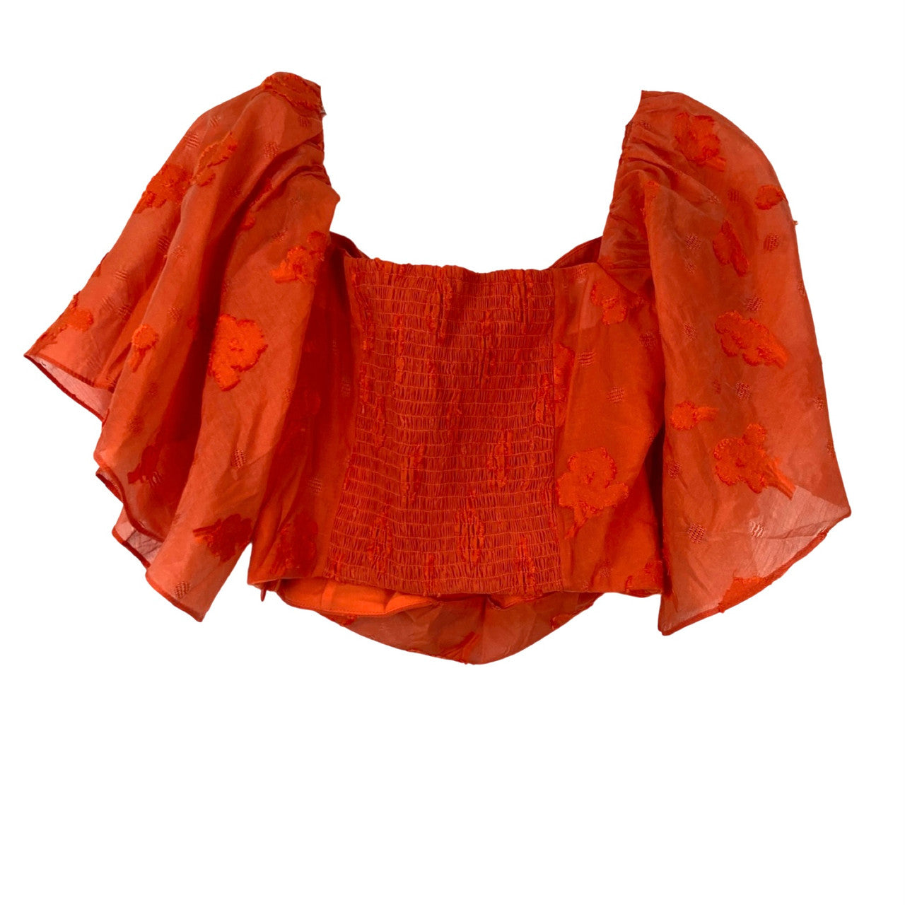 Tanya Taylor Flutter Sleeve Gathered Crop Top-Orange back