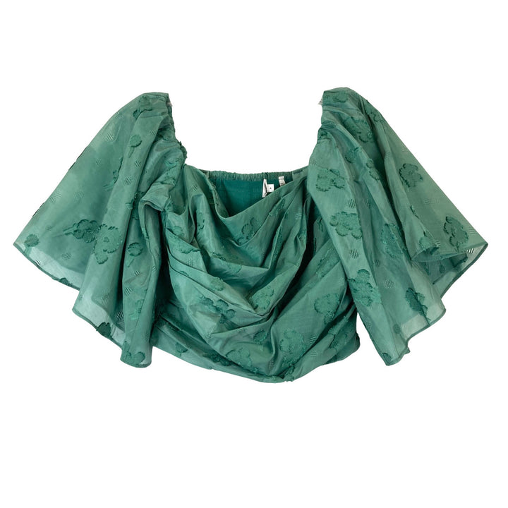 Tanya Taylor Flutter Sleeve Gathered Crop Top-Green front