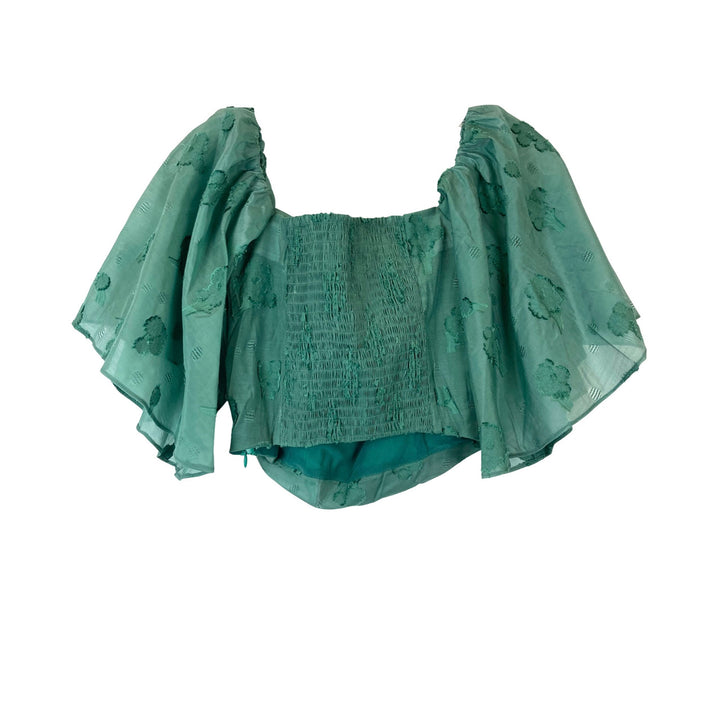 Tanya Taylor Flutter Sleeve Gathered Crop Top-Green back