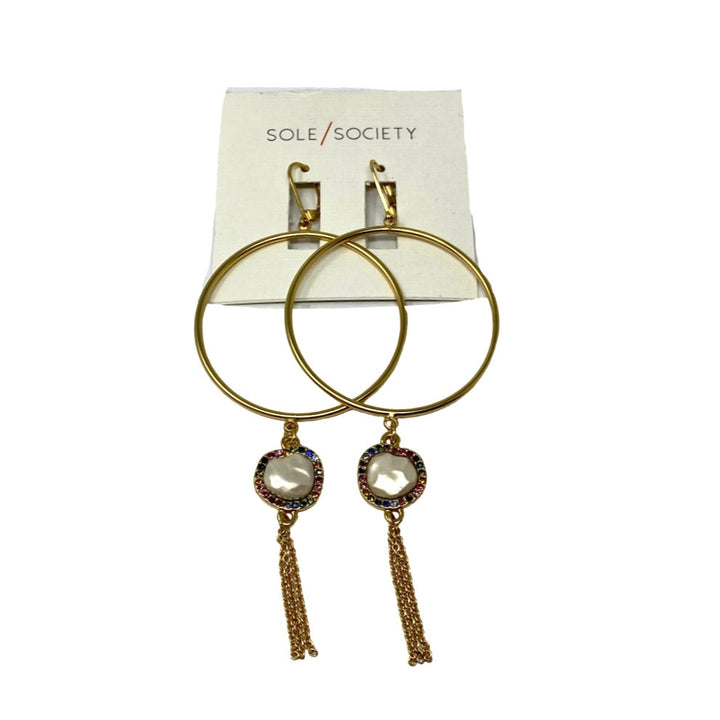 Sole Society Gold and Pearl Drop Hoop Earrings-Thumbnail