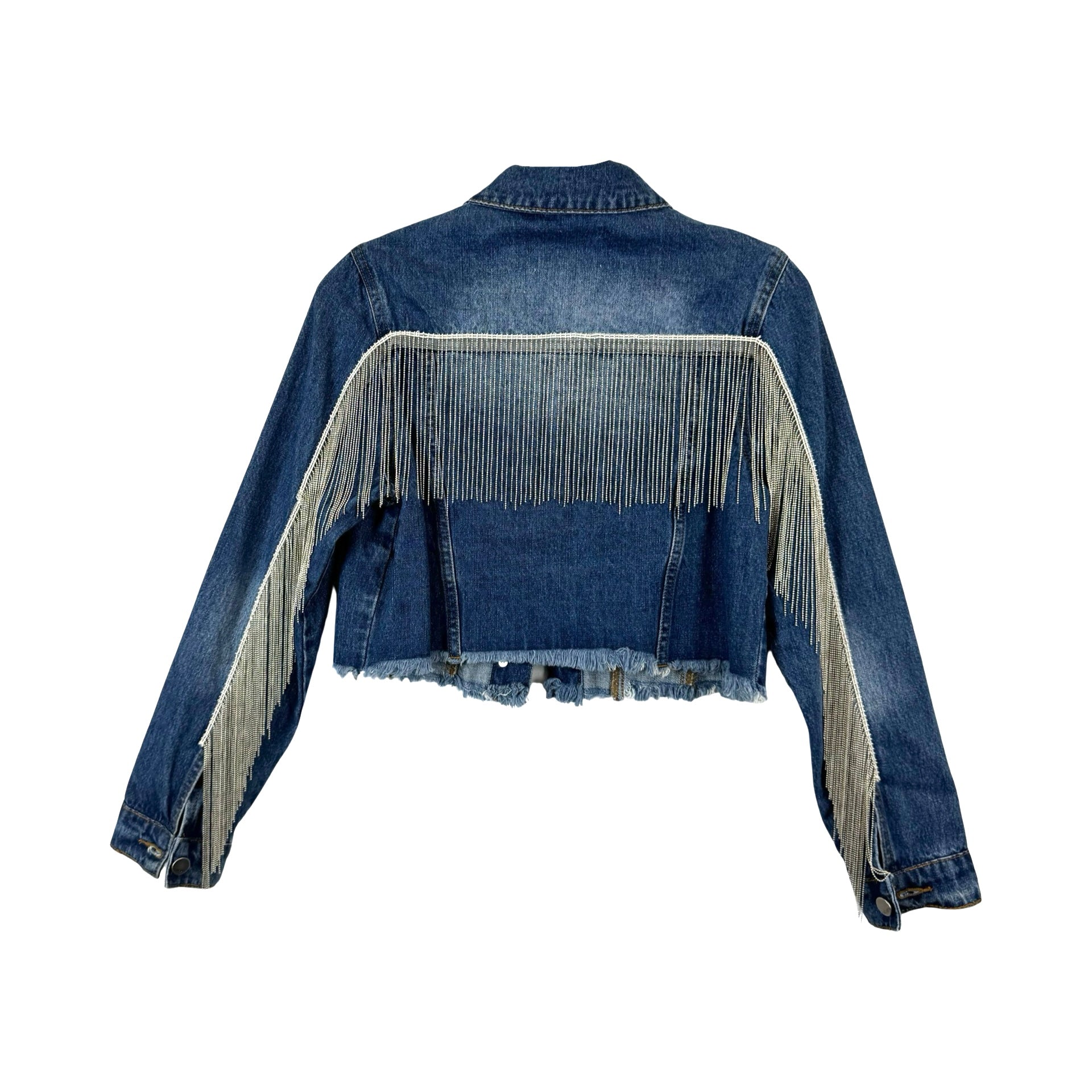 Nature Denim Cropped Metal Fringe Denim Jacket