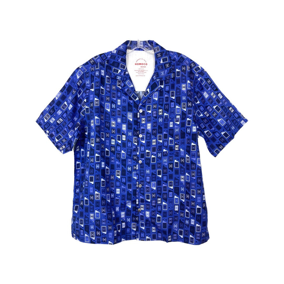 Homoco Blue Logo and Bottle Print Camp Collar Shirt-Thumbnail