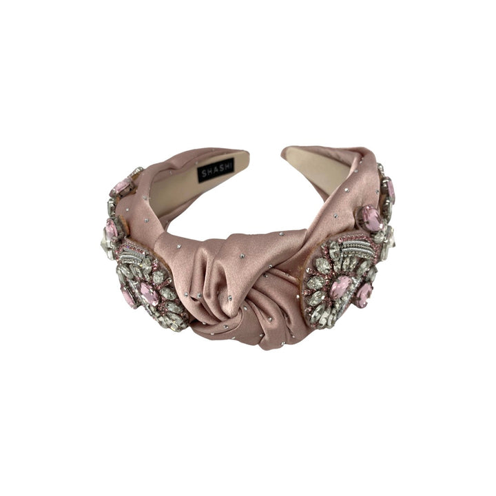 Shashi Rhinestone Embellished Pink Satin Knot Headband-Top