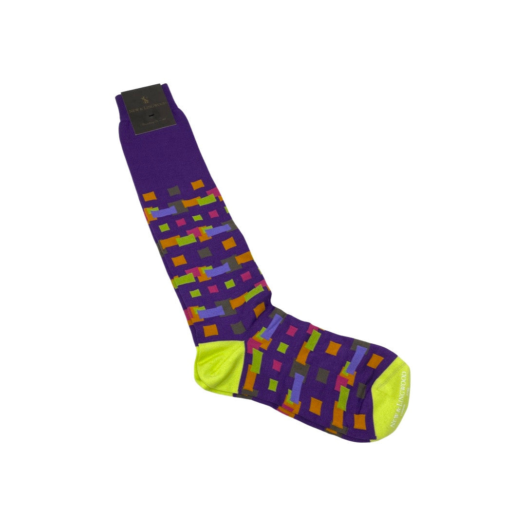 New & Lingwood Purple and Multicolor Squares Long Socks-Thumbnail