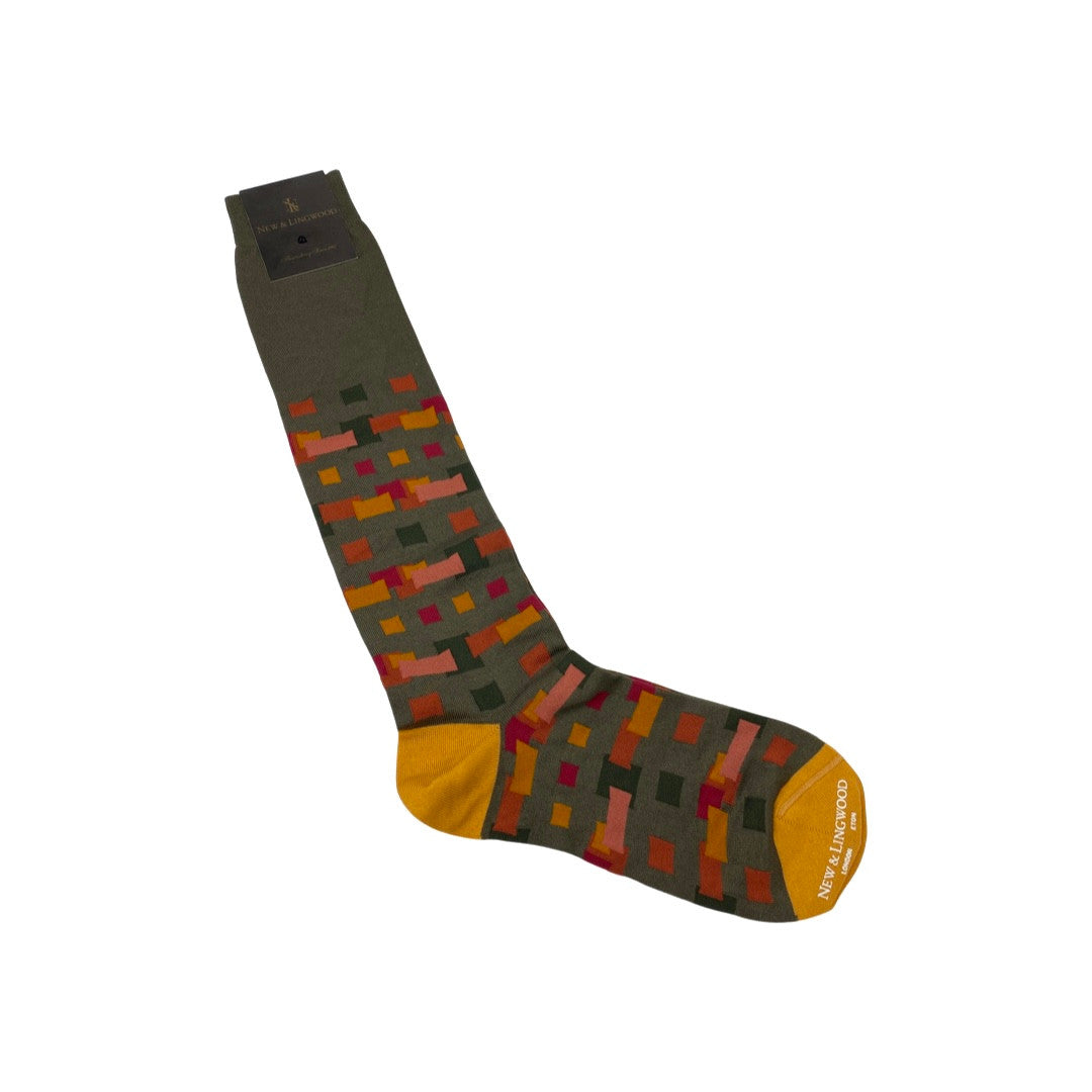 New & Lingwood Olive and Warm Tone Squares Long Socks-Thumbnail