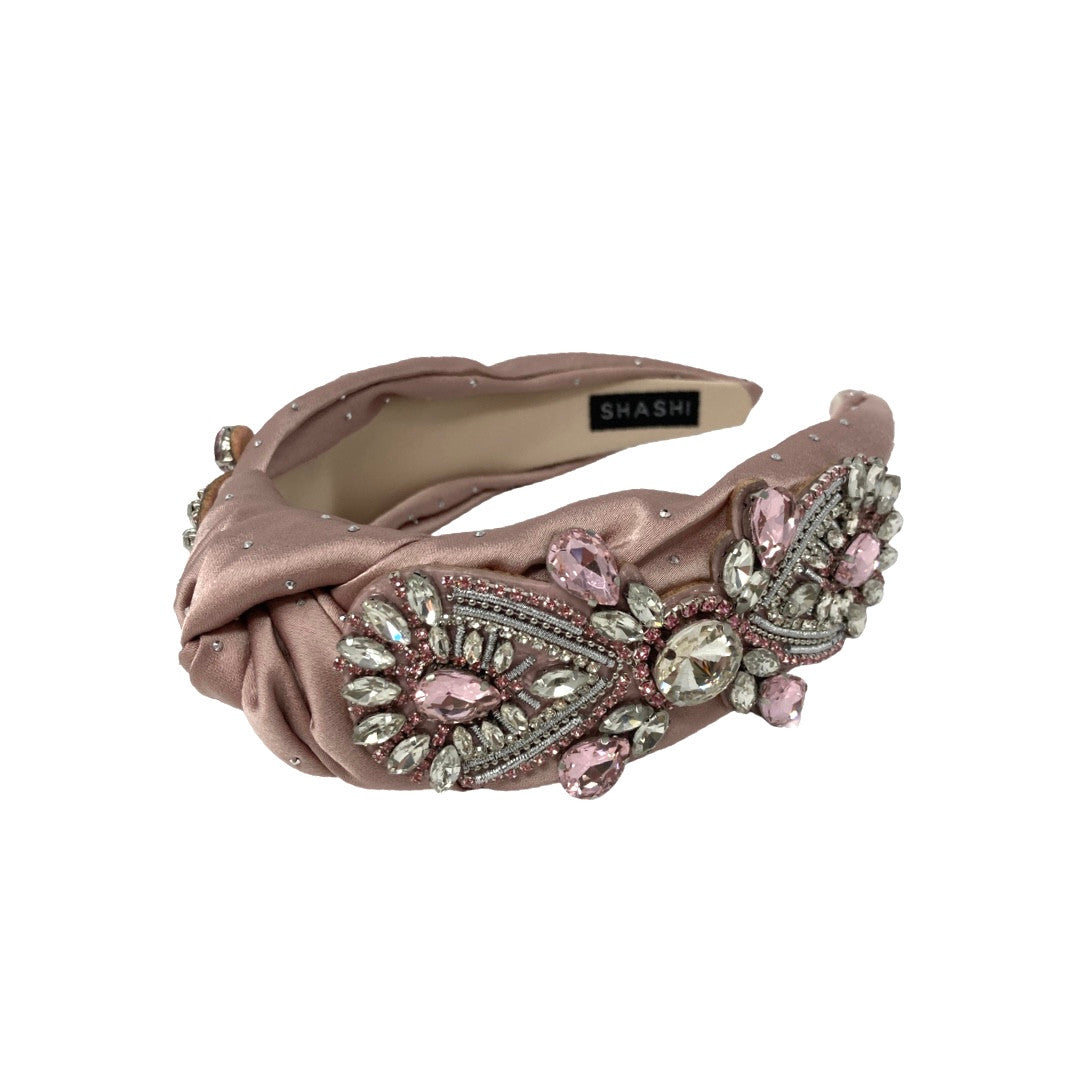 Shashi Rhinestone Embellished Pink Satin Knot Headband-Thumbnail