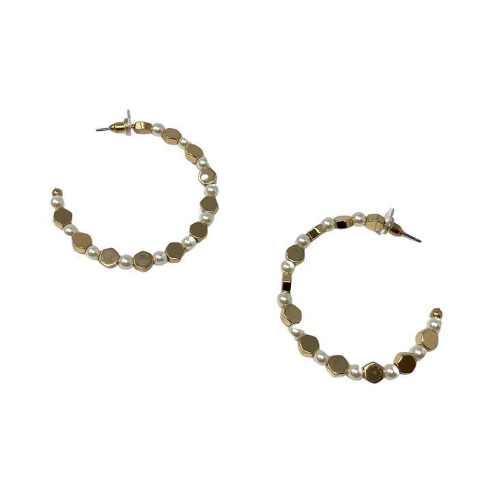 Gold Hexagon and Seed Pearl Open Hoop Earrings