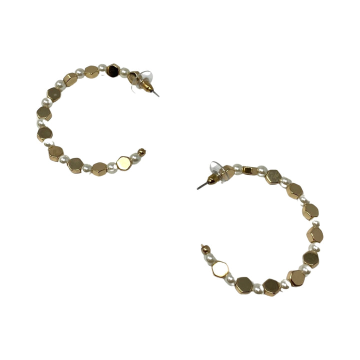 Gold Hexagon and Seed Pearl Open Hoop Earrings