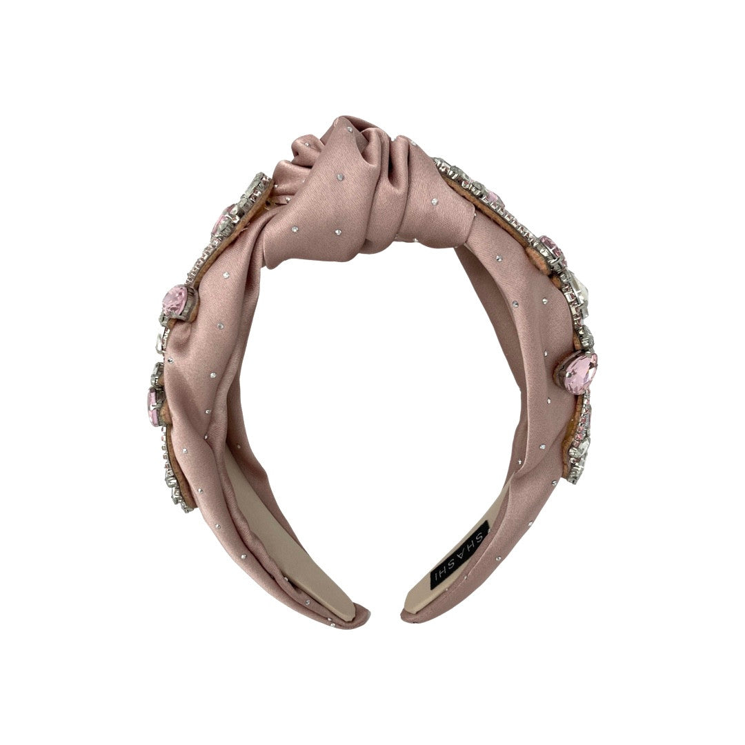 Shashi Rhinestone Embellished Pink Satin Knot Headband-Front