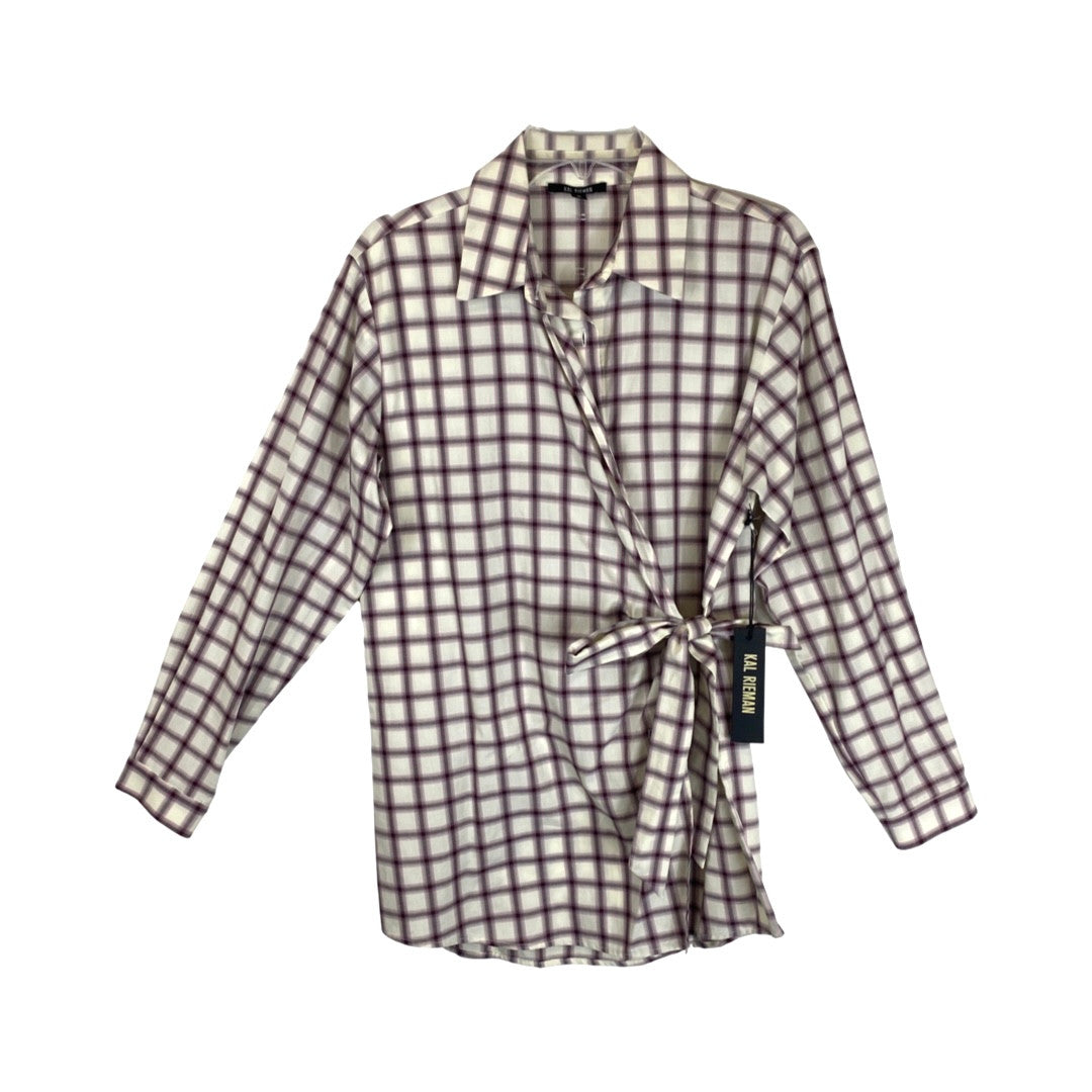 Kal Rieman Burgundy and Cream Brushed Plaid Wrap Shirt-Thumbnail