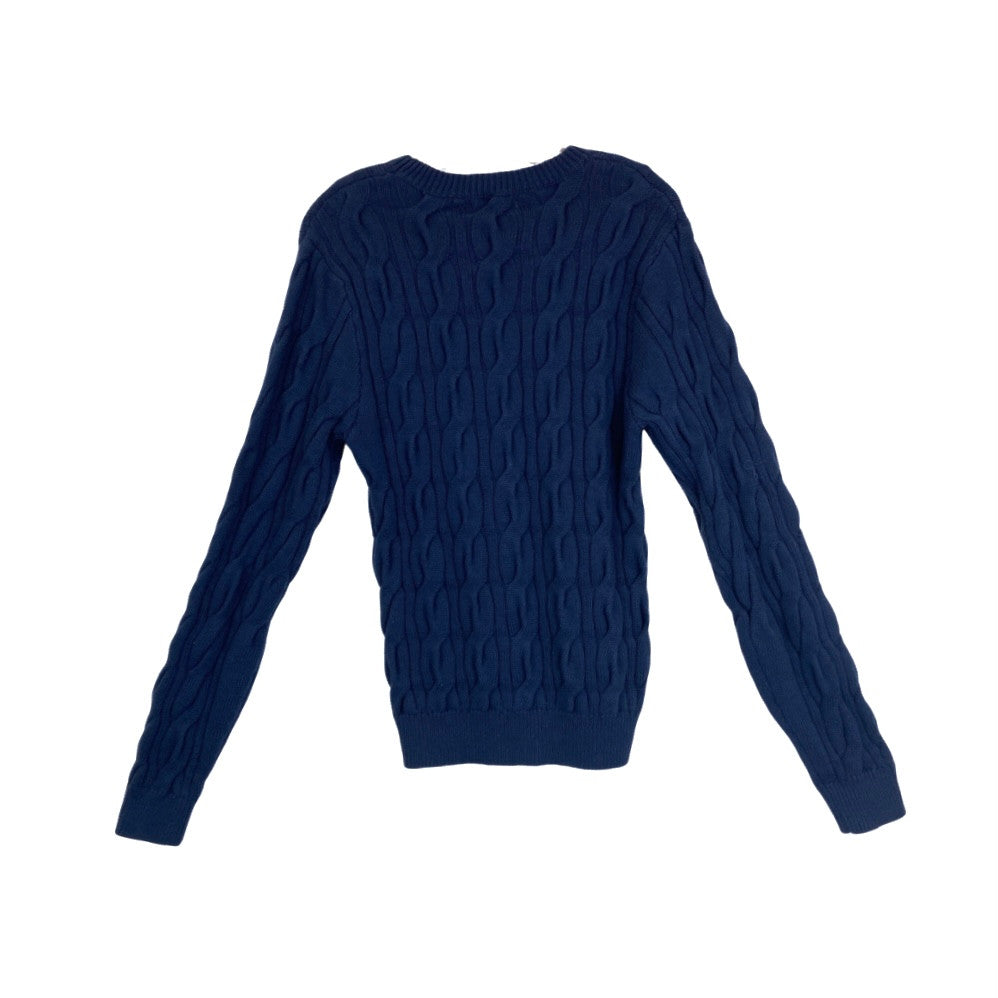 Navy Cotton and Wool Blend Cable Knit Sweater-Back