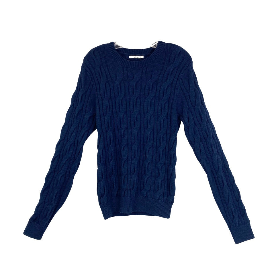 Navy Cotton and Wool Blend Cable Knit Sweater-Thumbnail