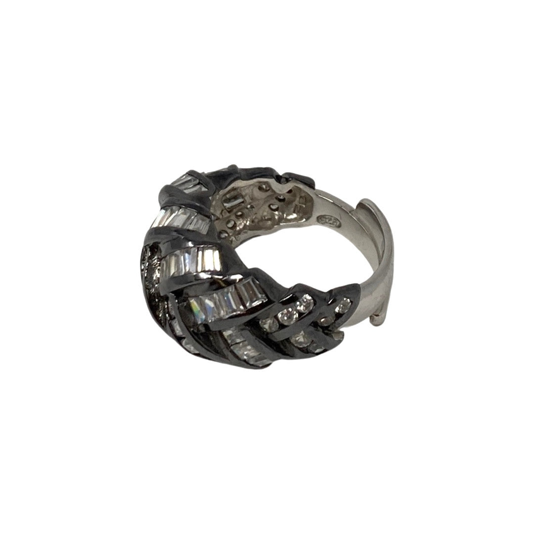 Braided Look Silver and Rhinestone Baguettes Ring-Thumbnail