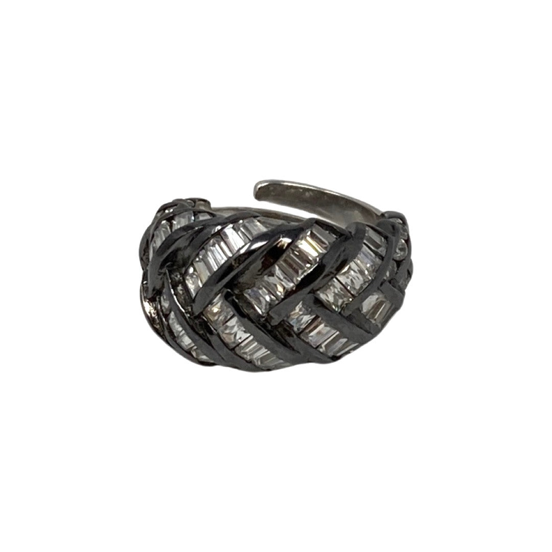 Braided Look Silver and Rhinestone Baguettes Ring-Front