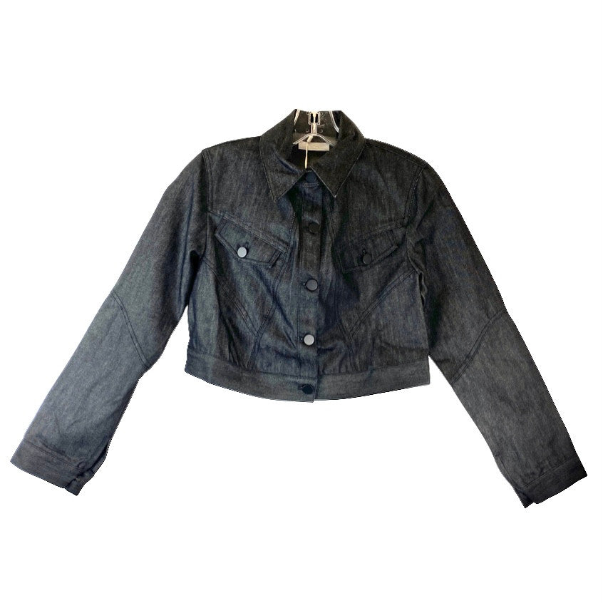 LBV Raw Indigo Denim Cropped Bomber Jacket-Thumbnail