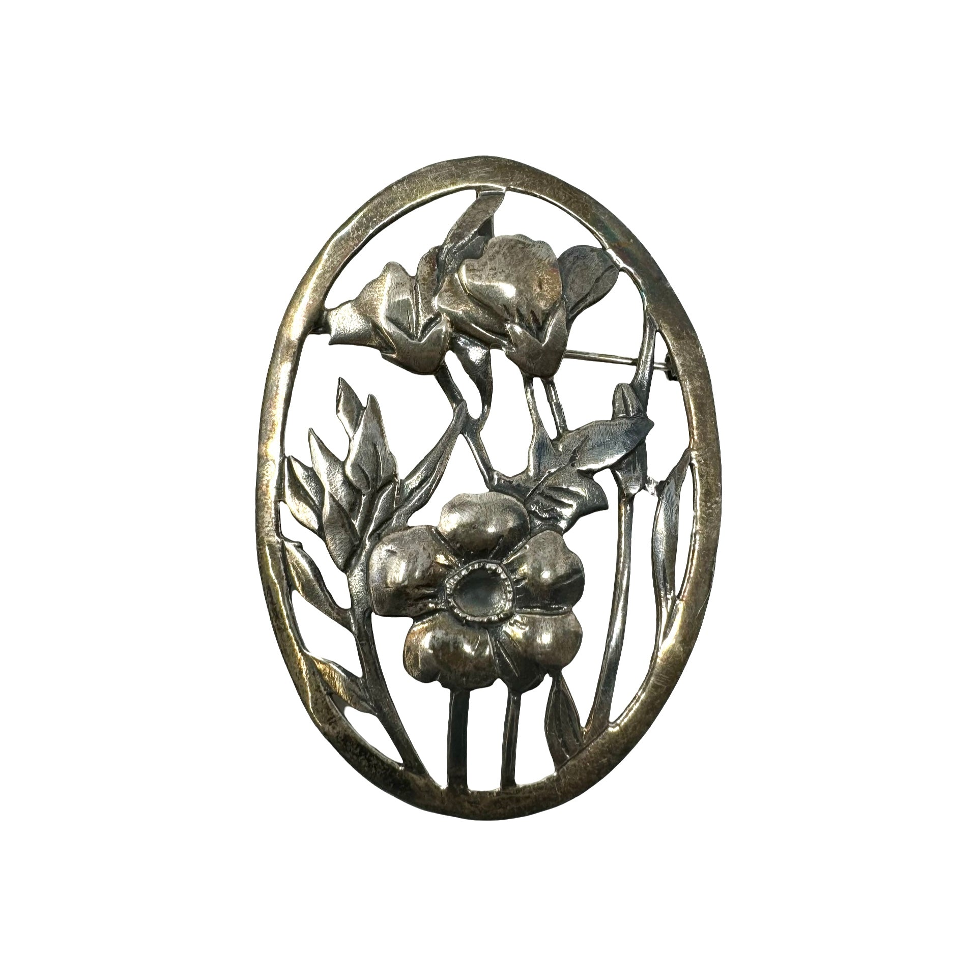 Sterling Silver Floral Oval Brooch