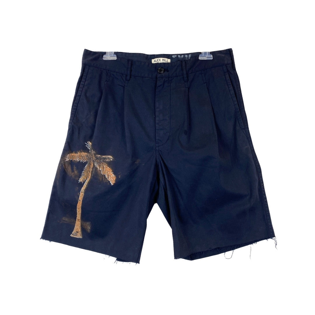 Alex Mill Navy Palm Tree Painted Pleated Shorts-Thumbnail